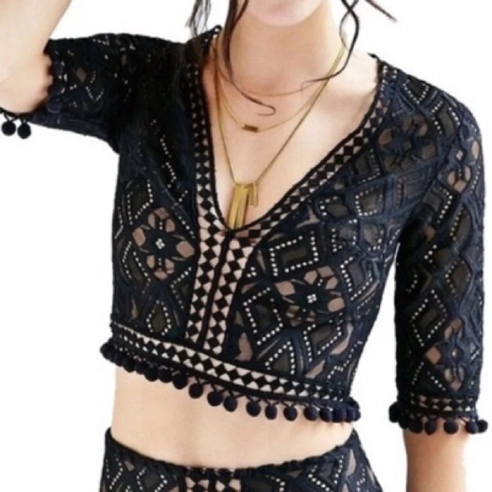 For Love & Lemons Florence Crop Top Black Lace - Picture 4 of 9